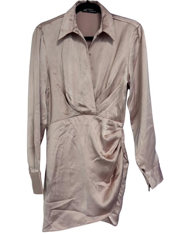 Zara Pink Draped Satin Long Sleeve Mini Dress
