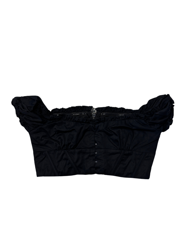 White Fox Black Off-The-Shoulder Bustier Ruffle Crop Top