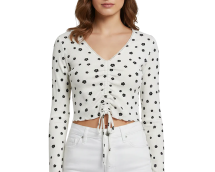 Forever 21 White Floral Ribbed Ruched Crop Top