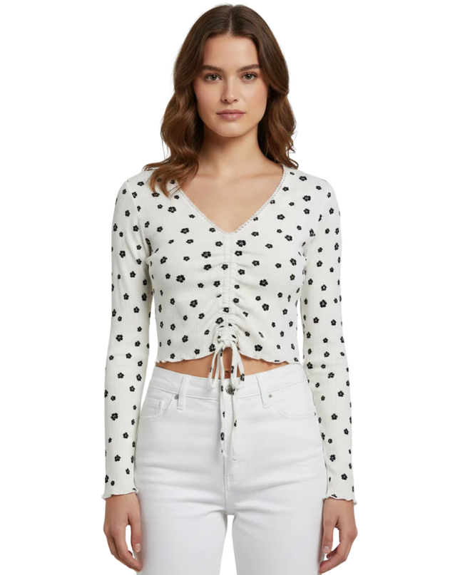 Forever 21 White Floral Ribbed Ruched Crop Top
