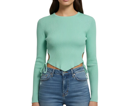 DON'T CALL ME Jennyfer Green Ribbed Cut-Out Long Sleeve Crop Top