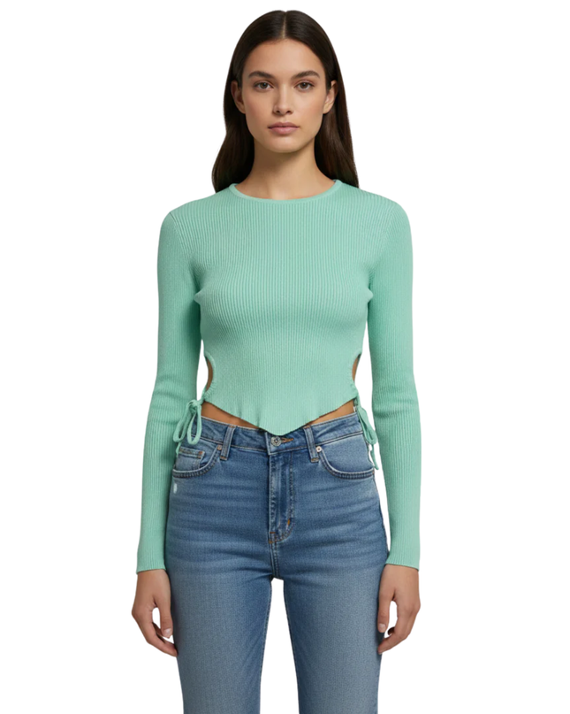 DON'T CALL ME Jennyfer Green Ribbed Cut-Out Long Sleeve Crop Top