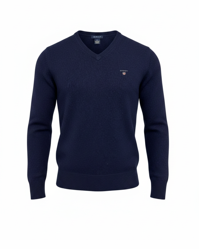 GANT Navy Blue V-Neck Lambswool Sweater
