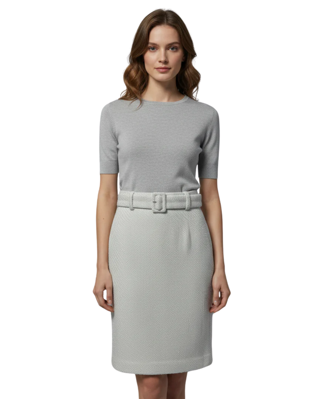 DKNY White Tweed Belted Pencil Skirt