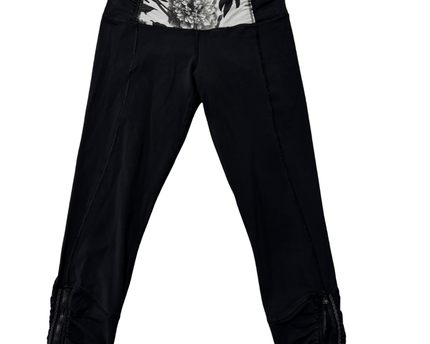 Lululemon Black Activewear Leggings with Floral Waistband and Ruched Zip Detail