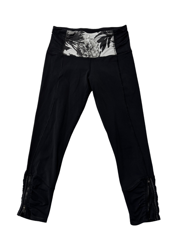 Lululemon Black Activewear Leggings with Floral Waistband and Ruched Zip Detail