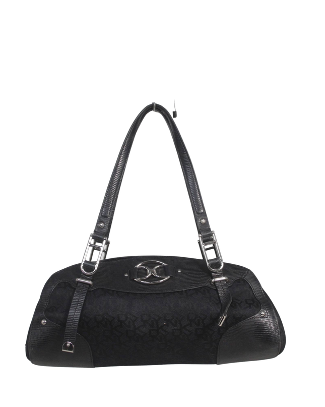 DKNY Black Monogram Canvas and Lizard-Embossed Shoulder Bag