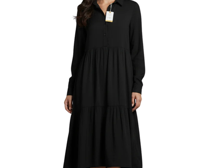 Nice & Chic Black Tiered Long Sleeve Shirt Dress