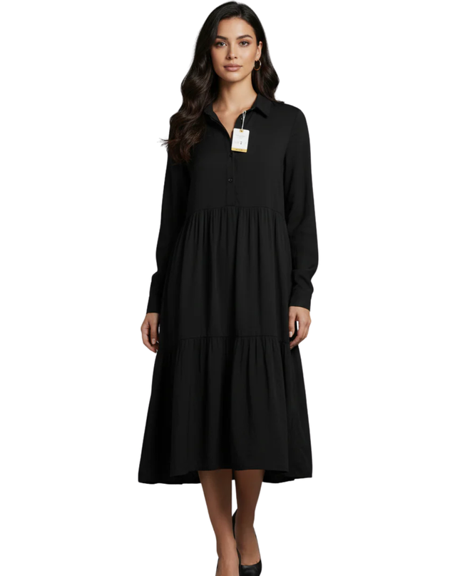 Nice & Chic Black Tiered Long Sleeve Shirt Dress