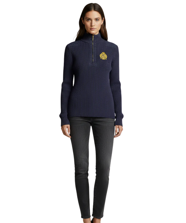 Lauren Ralph Lauren Navy Blue Quarter-Zip Ribbed Knit Sweater