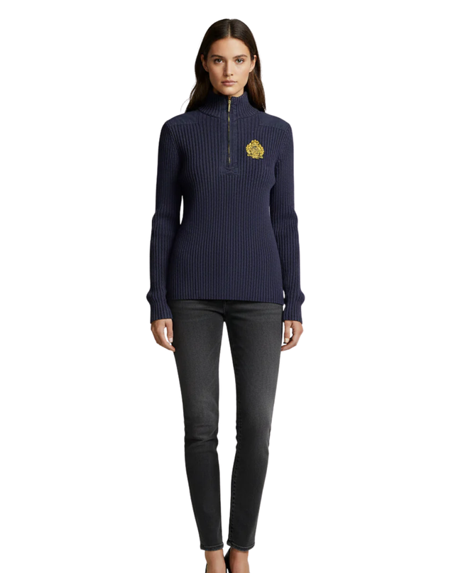Lauren Ralph Lauren Navy Blue Quarter-Zip Ribbed Knit Sweater