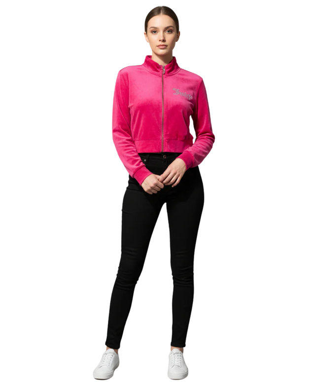 Juicy Couture Pink Velour Rhinestone Logo Cropped Jacket