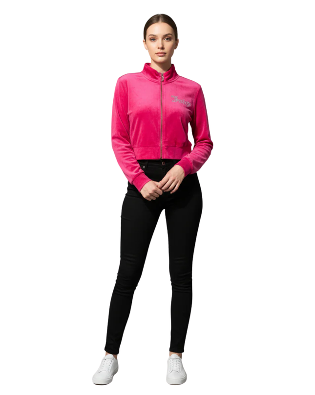 Juicy Couture Pink Velour Rhinestone Logo Cropped Jacket