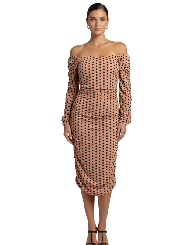 PrettyLittleThing Nude/Black Polka Dot Ruched Bodycon Mini Dress