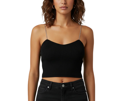 DON'T CALL ME Jennyfer Black Ribbed Rhinestone Strap Cami Top W/Tags