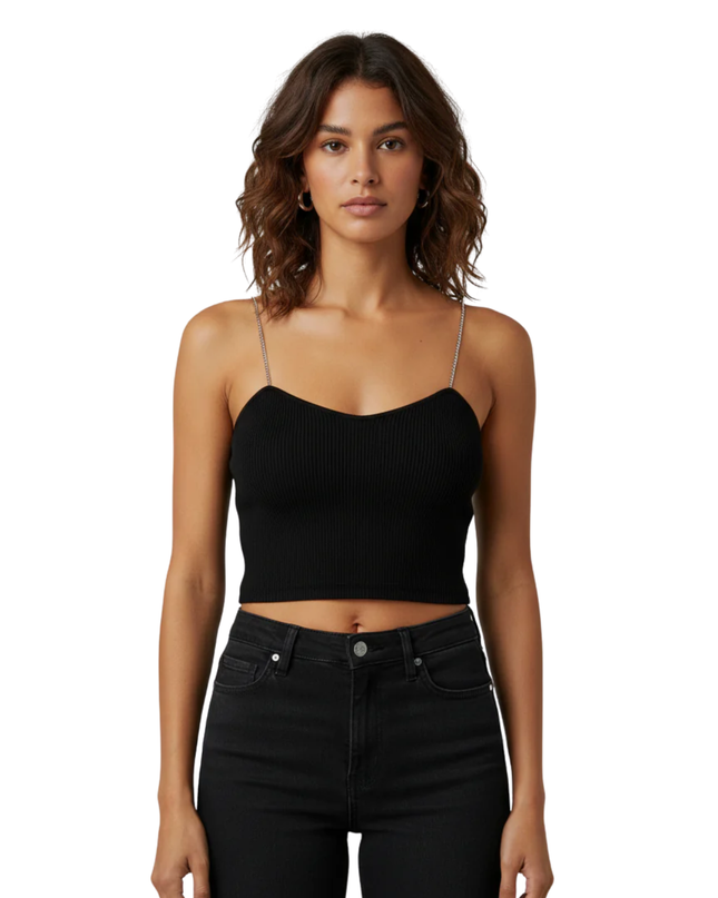 DON'T CALL ME Jennyfer Black Ribbed Rhinestone Strap Cami Top W/Tags