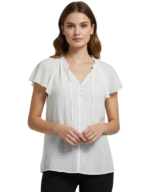 H&M White Swiss Dot Flutter Sleeve Blouse