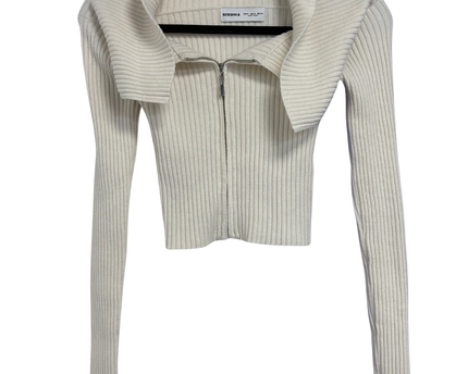 Bershka Off-white Ribbed Zip-Up Crop Top
