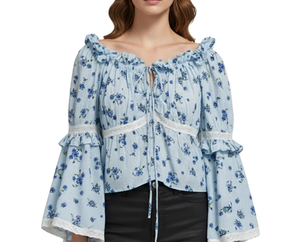 ASOS DESIGN Blue Floral Flare Sleeve Lace Trim Blouse