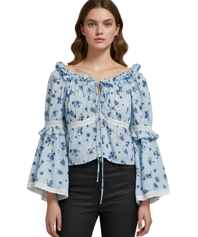 ASOS DESIGN Blue Floral Flare Sleeve Lace Trim Blouse