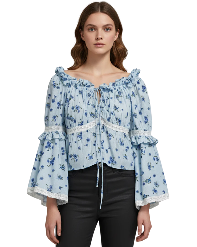 ASOS DESIGN Blue Floral Flare Sleeve Lace Trim Blouse