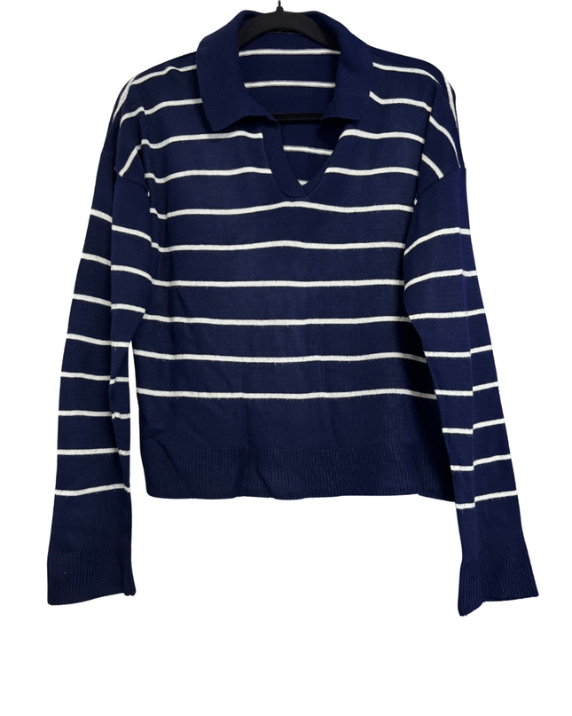 Trendyol Navy Blue Striped Polo Collar Knit Sweater