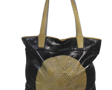 Coach Black Crinkled Patent Leather Tote Bag with Perforated Medallion
