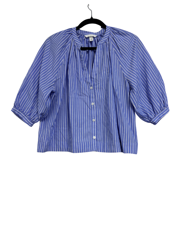 H&M Blue Striped Puff Sleeve V-Neck Blouse