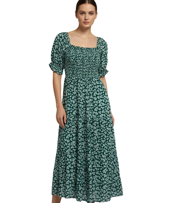 Abercrombie & Fitch Green Floral Smocked Midi Dress