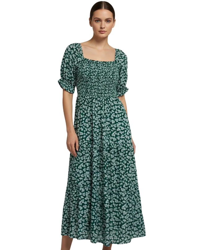 Abercrombie & Fitch Green Floral Smocked Midi Dress