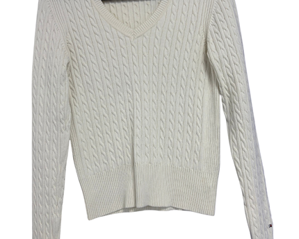 Tommy Hilfiger White Cable-Knit V-Neck Sweater