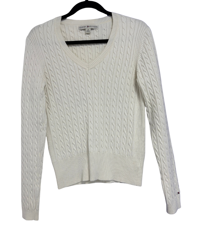 Tommy Hilfiger White Cable-Knit V-Neck Sweater