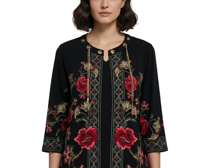 JM Collection Black Floral Embroidered Tassel Tunic Top