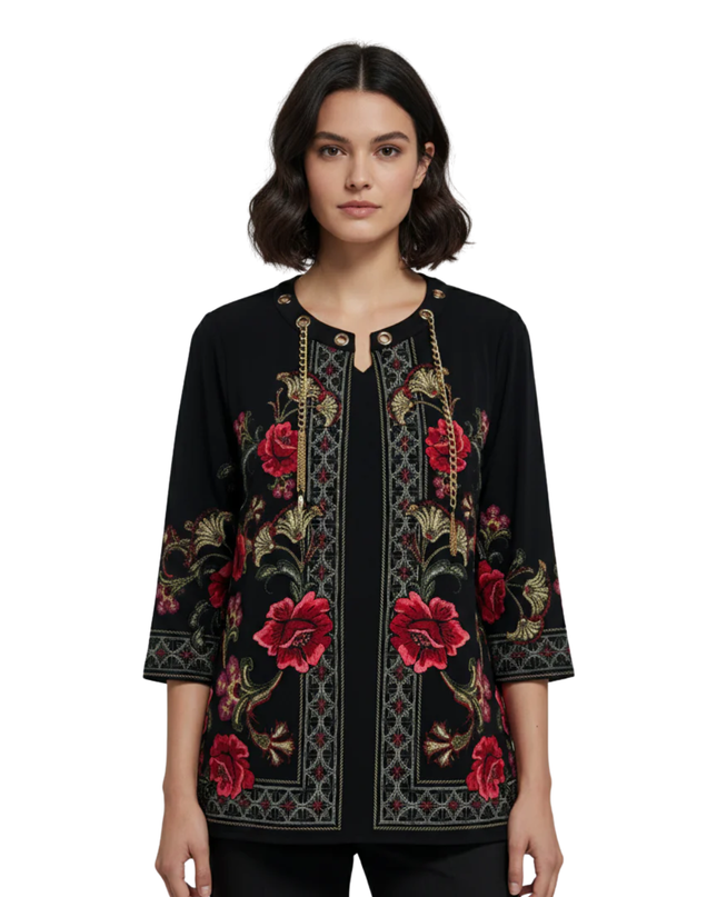JM Collection Black Floral Embroidered Tassel Tunic Top