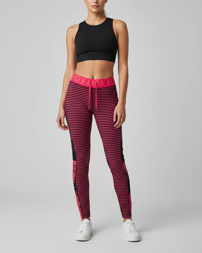 Roxy Pink/Black Striped Tropical Detail Athletic Leggings