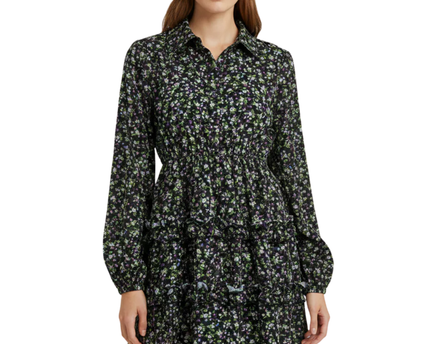 PrettyLittleThing Black Floral Tiered Mini Dress