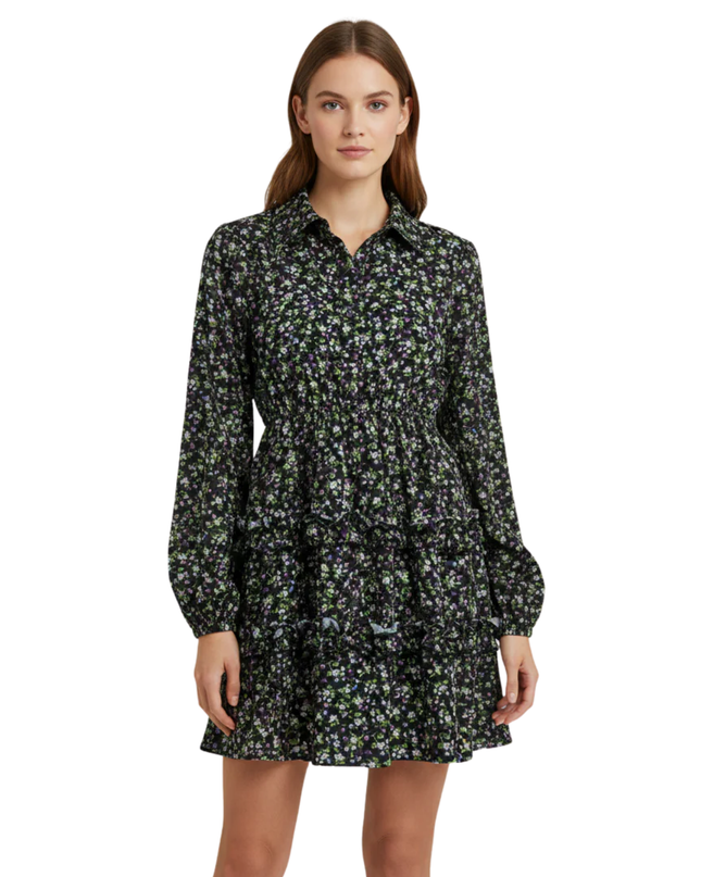 PrettyLittleThing Black Floral Tiered Mini Dress