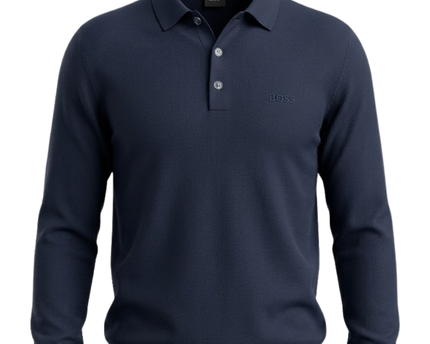 BOSS Navy Blue Long Sleeve Knitted Polo Sweater