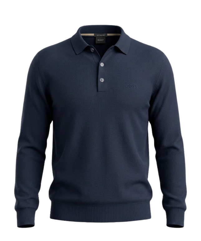 BOSS Navy Blue Long Sleeve Knitted Polo Sweater