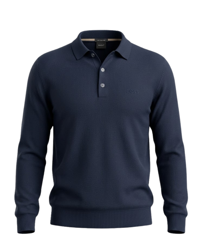 BOSS Navy Blue Long Sleeve Knitted Polo Sweater