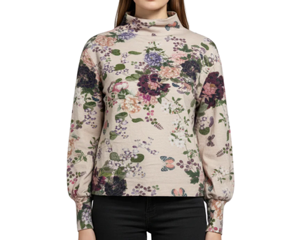 Stradivarius Pink Floral High Neck Puff Sleeve Top