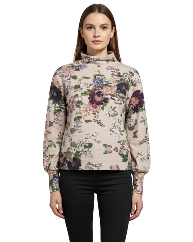 Stradivarius Pink Floral High Neck Puff Sleeve Top