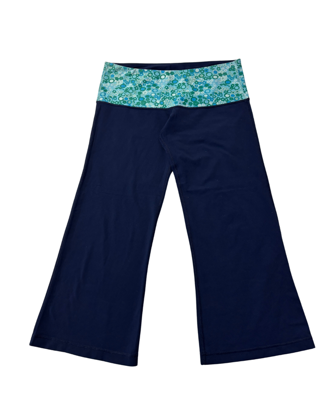 Lululemon Navy Blue Wide Leg Yoga Pants with Floral Waistband