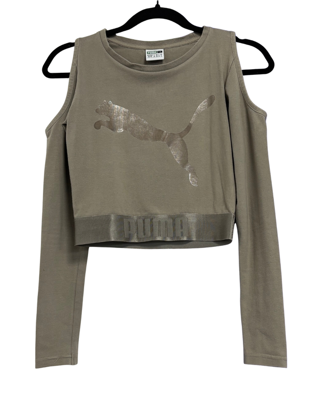 Puma Olive Cold-Shoulder Long Sleeve Crop Top