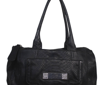 Guess Black Faux Python Satchel Bag with Rhinestone Detail