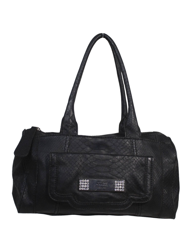 Guess Black Faux Python Satchel Bag with Rhinestone Detail