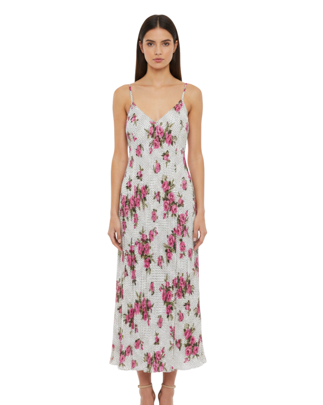 PrettyLittleThing White/Pink Floral Pleated Midi Dress W/Tags