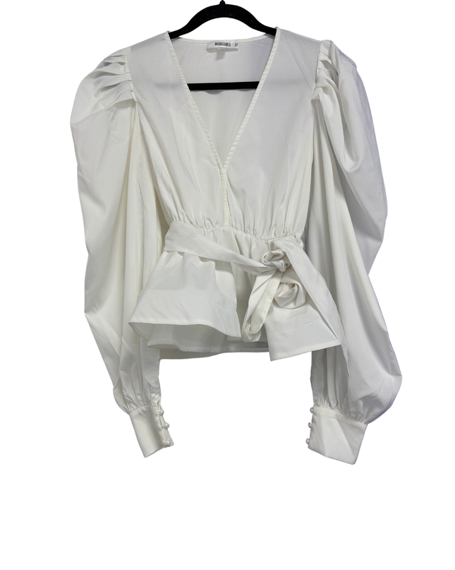 Missguided White Puff Sleeve Peplum Tie-Waist Blouse