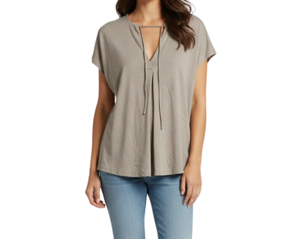 M&S Fawn Linen Blend Split Neck Tie Top