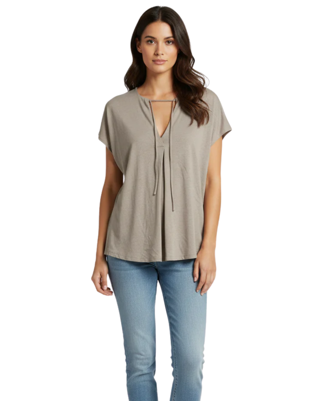 M&S Fawn Linen Blend Split Neck Tie Top